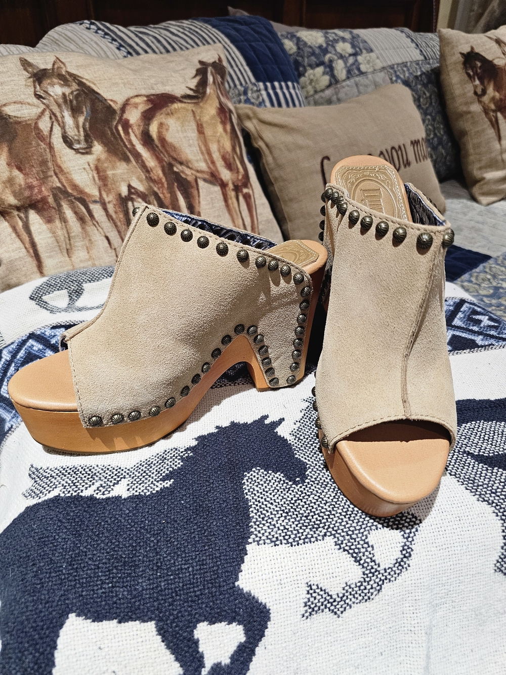 dingo Beige Suede Studded Open-Toe Platform Mules, NIB